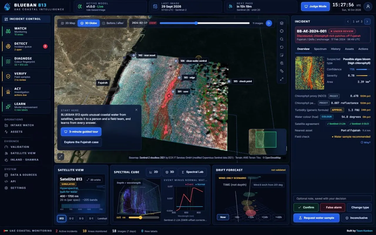 BlueBan 813: Sentinel-2 early-warning system for water-quality anomalies near UAE desalination intakes.