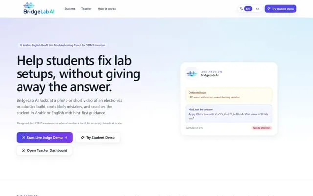 BridgeLab AI: Arabic-English STEM lab-coach prototype giving hint-first guidance on students' circuit photos.