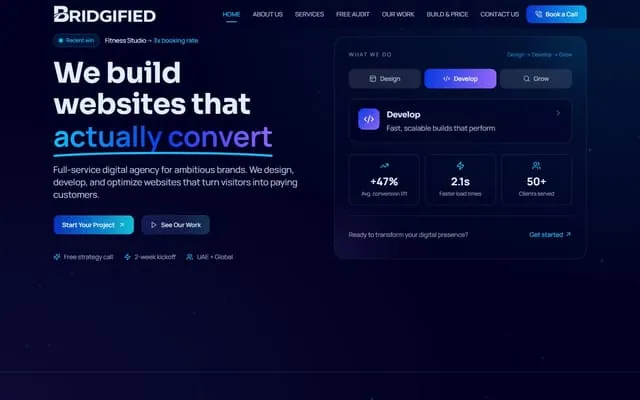 Bridgified: Landing site for a full-service digital agency.
