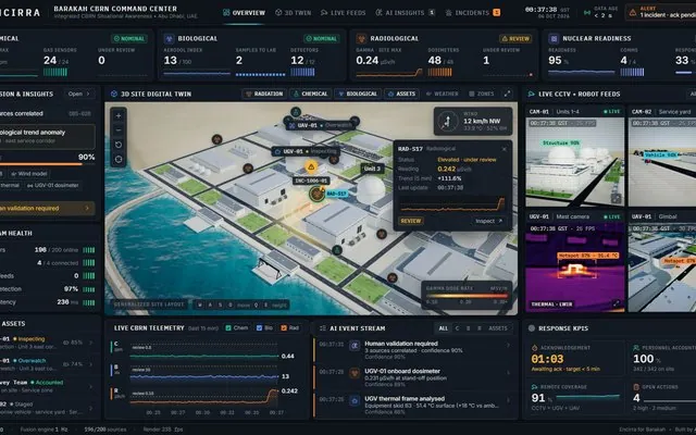 BRIDGE CBRN Command Center: CBRN situational-awareness console with a 3D digital twin, synthetic robot feeds and incident workflow.
