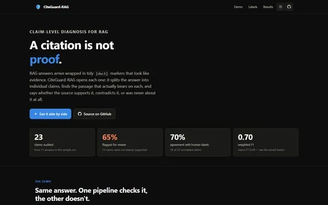CiteGuard RAG: Toolkit that audits RAG answers claim by claim against cited and retrieved evidence.