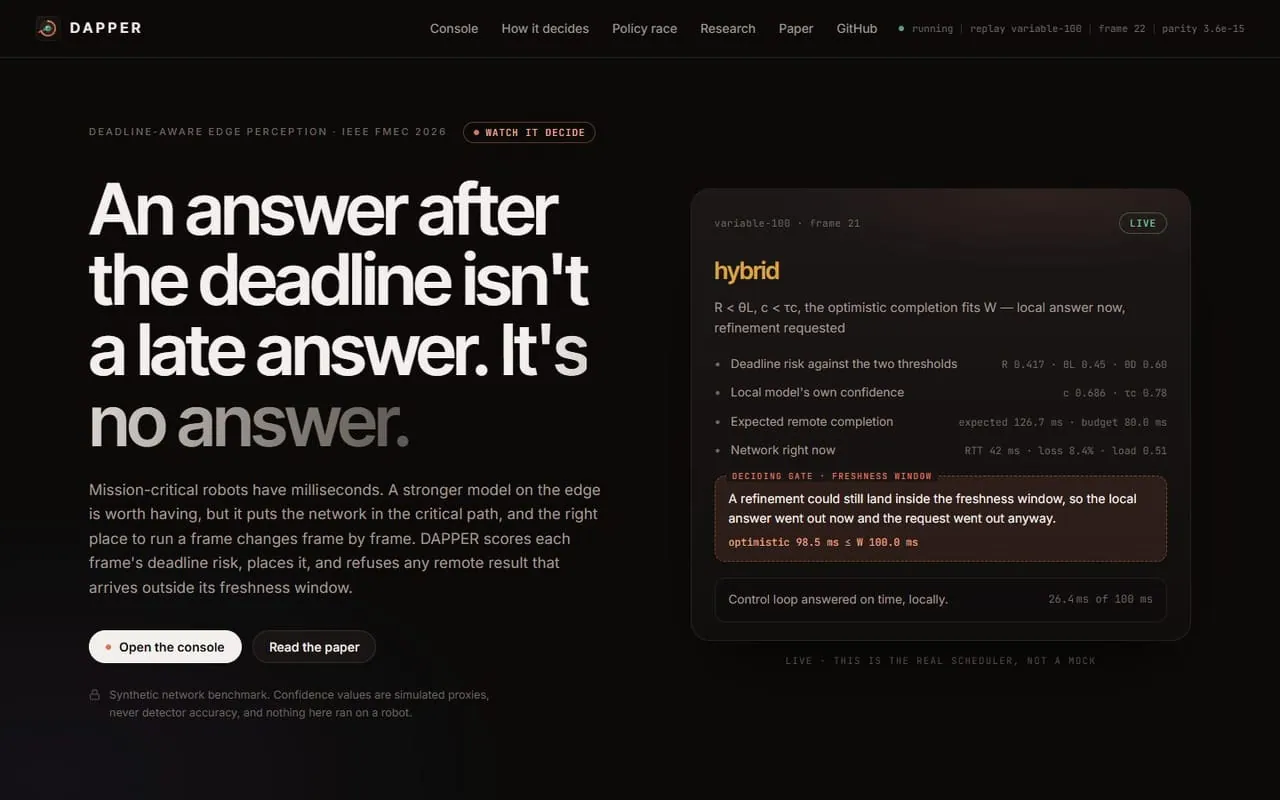 DAPPER: Deadline-aware scheduler placing each robot perception frame on board, at the edge or both.