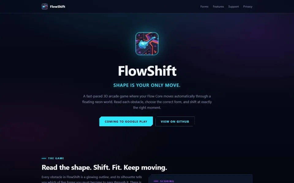 FlowShift: Portrait 3D Android arcade game about shifting shape to fit through gates.