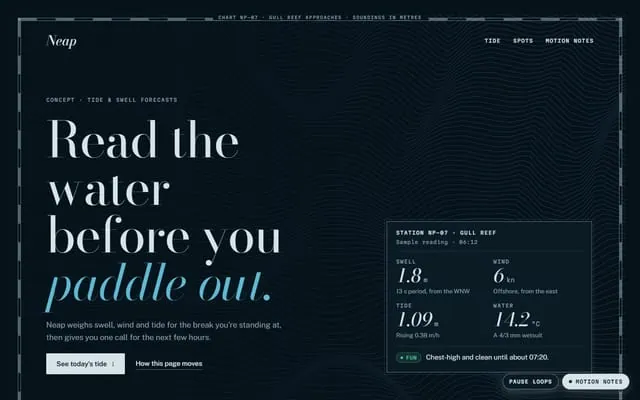 Neap Tide Forecasts: Concept tide and swell landing page animated entirely with motion-anything recipes.