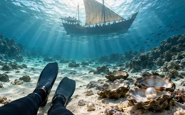 Heritage Pearl Quest 3D: First-person Three.js browser game about Emirati pearling heritage, with story and free-dive modes.