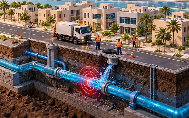 P.E.K.A.: 3D digital twin of city utilities that detects simulated water-main leaks and plans repairs.