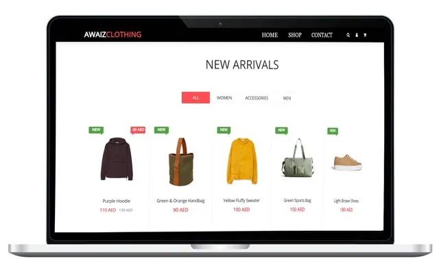 Awaiz Clothing: Landing page for a fictional clothing store with product listings and a newsletter form.