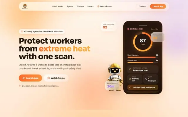Starkz AI: Mobile AI safety agent that scores heat risk and plans breaks for outdoor crews.