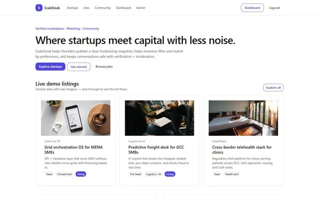 ScaleSouk: Marketplace where MENA startups meet capital through verified listings.