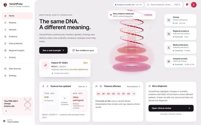 VariantPulse: Tracks genetic variant reclassifications and routes each case through clinician review to closure.