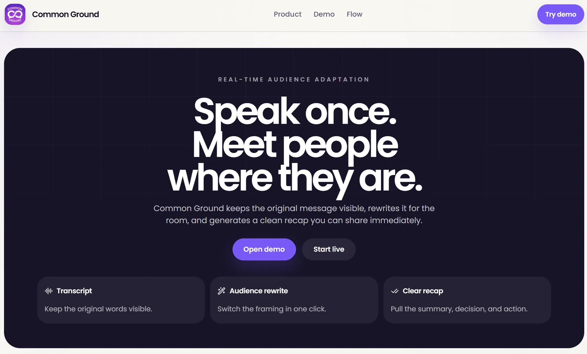 Common Ground: Rewrites a spoken explanation for each listener type in meetings, with a structured recap.