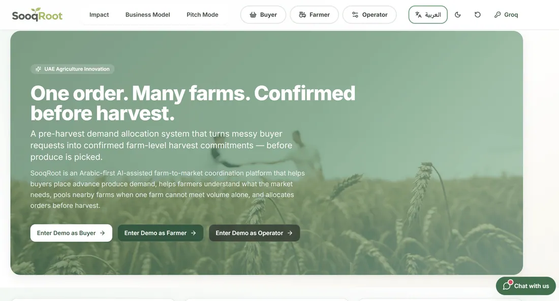 SooqRoot: Procurement platform turning buyer demand into pre-harvest commitments across UAE farms.