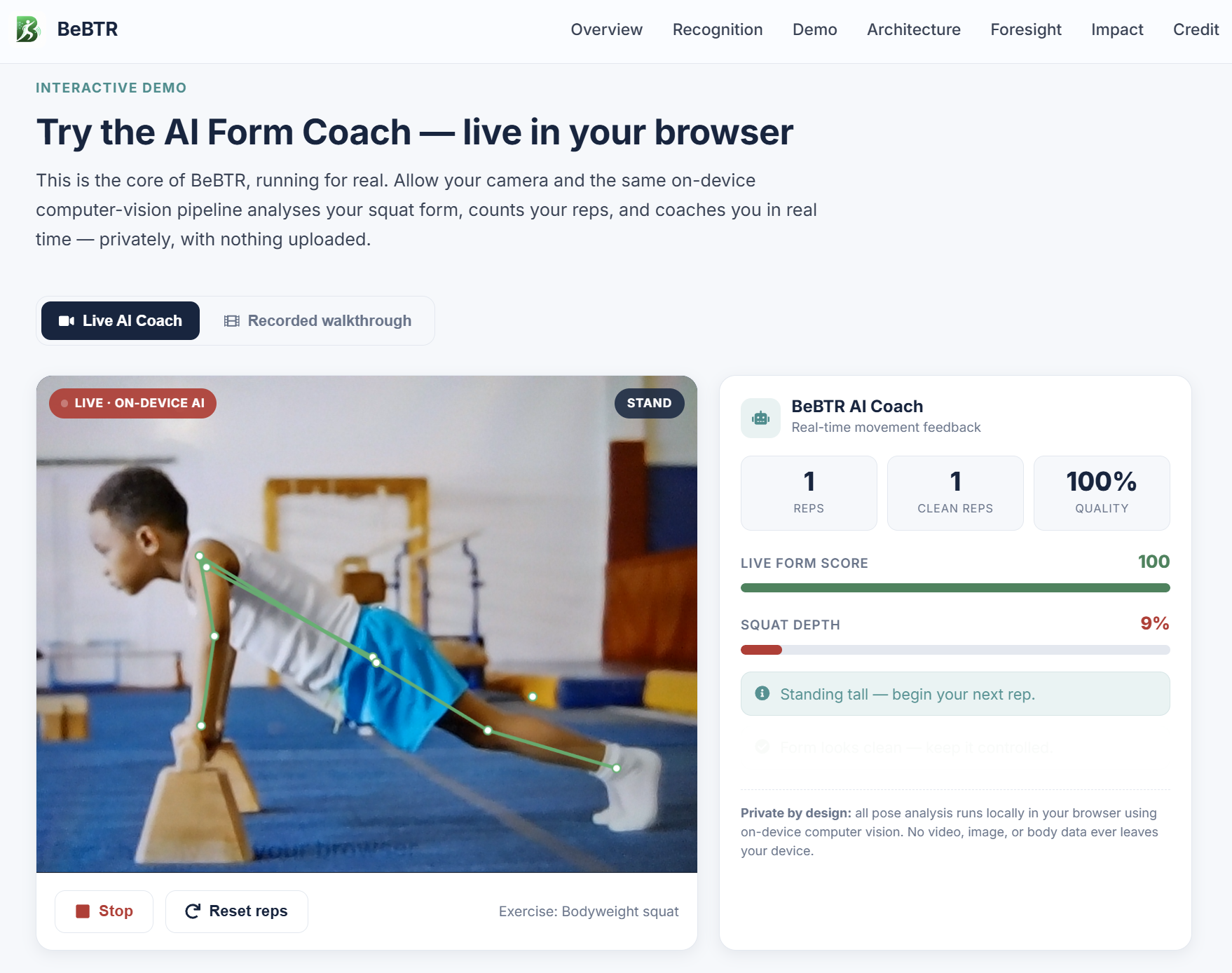 BeBTR - the live AI form coach with on-device pose estimation