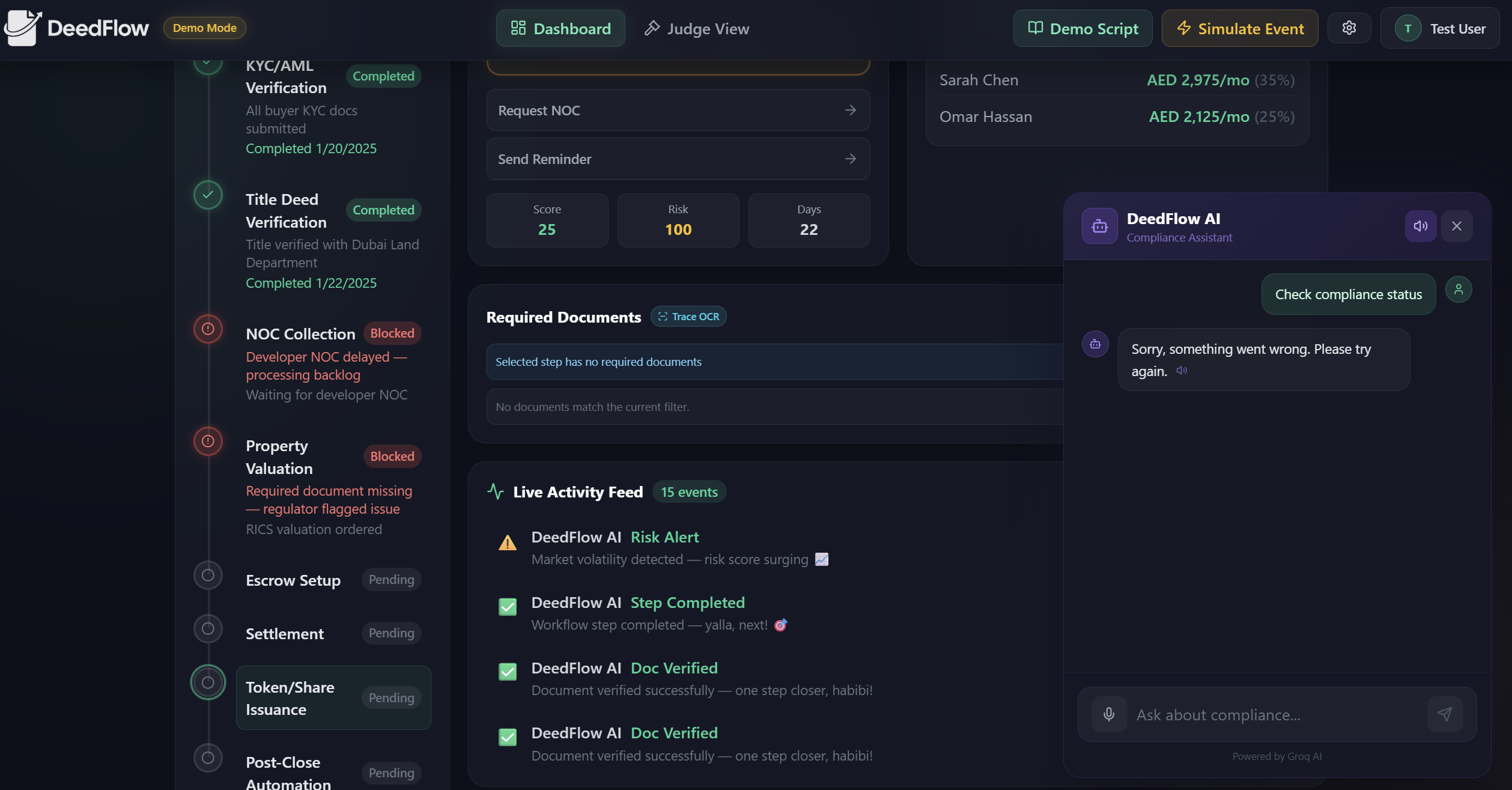 The cockpit - workflow timeline with blockers, required documents, a live activity feed, and a compliance copilot, all on one screen.