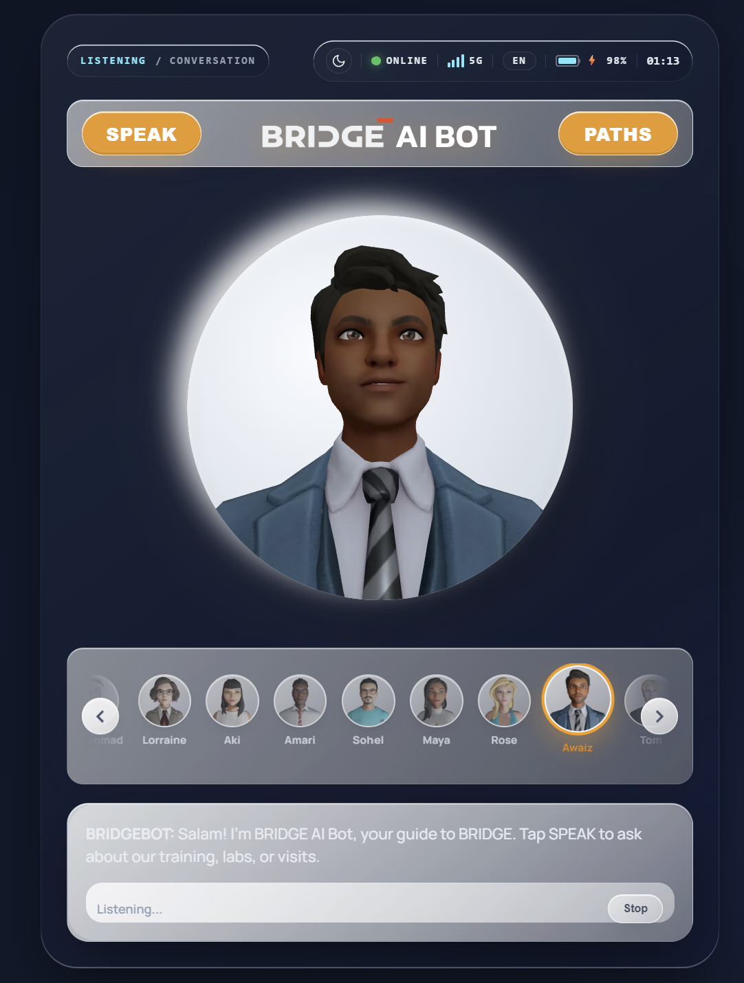 Guide Bot app - dark mode interface