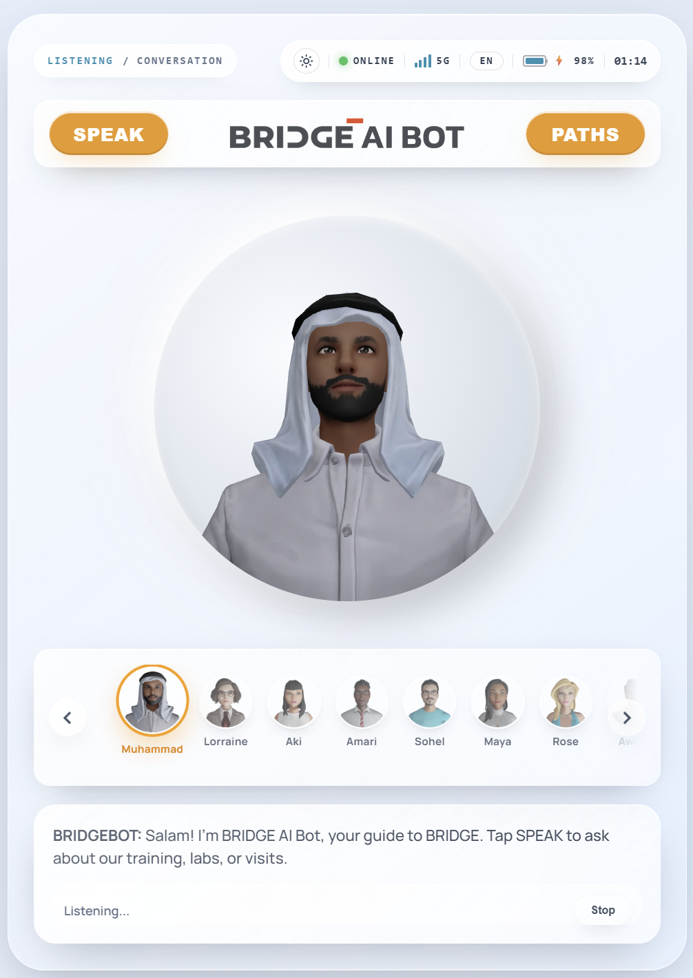 Guide Bot app - light mode interface