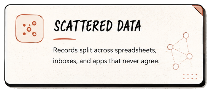 Scattered data: Records split across spreadsheets, inboxes, and apps that never agree.