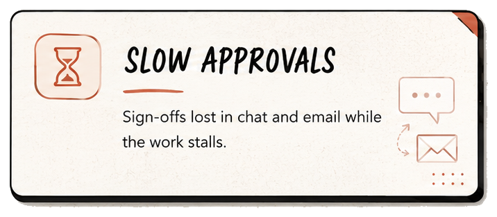 Slow approvals: Sign-offs lost in chat and email while the work stalls.