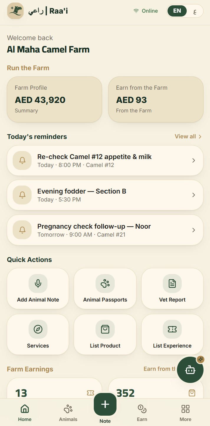 Dashboard - farm profile, earnings, today's reminders, and quick actions.