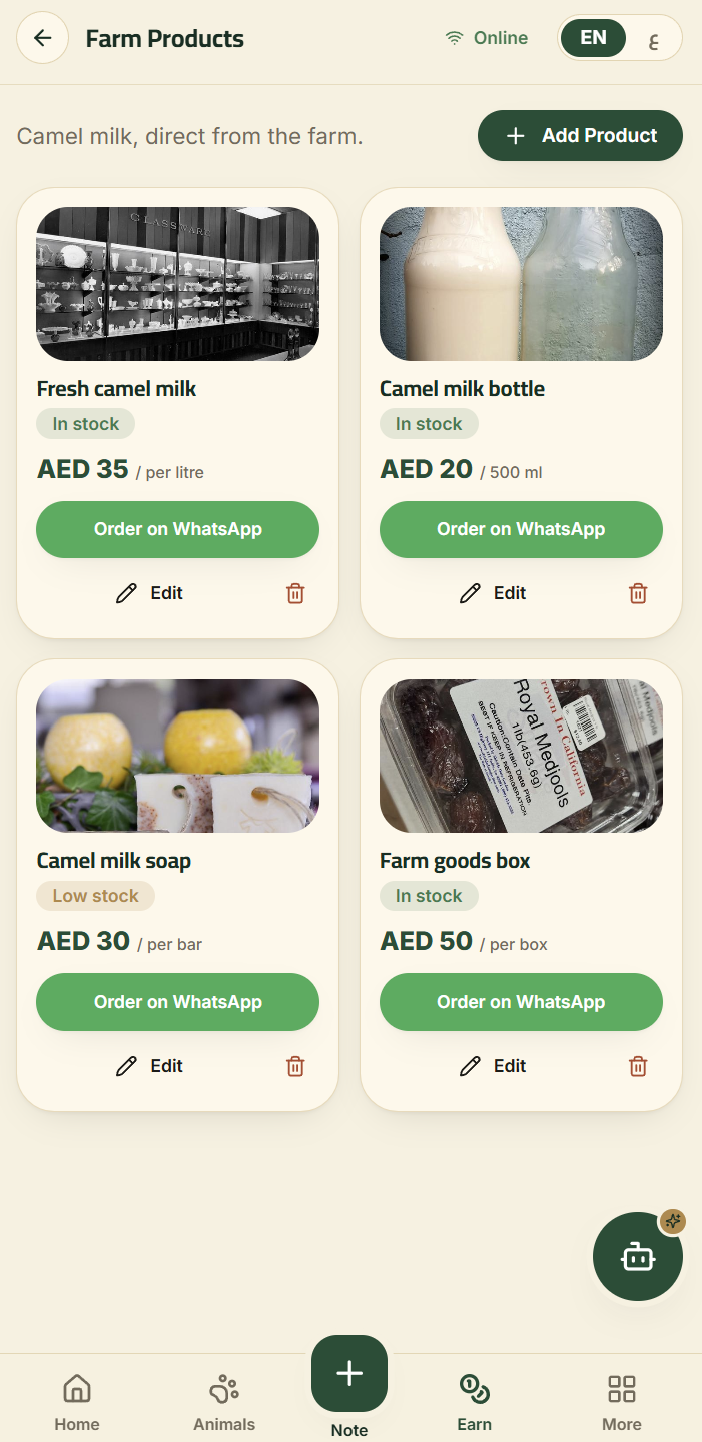 Farm products - camel milk, soap, and goods, ordered over WhatsApp.