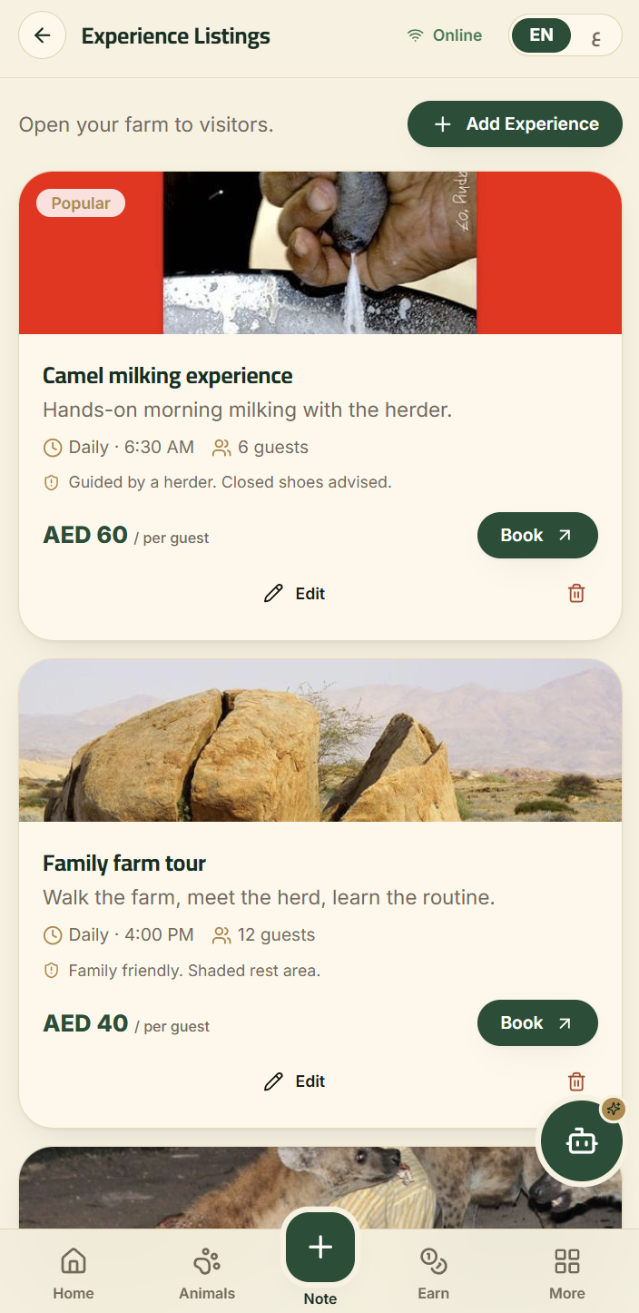 Experiences - milking, farm tours, and stargazing nights, bookable direct.