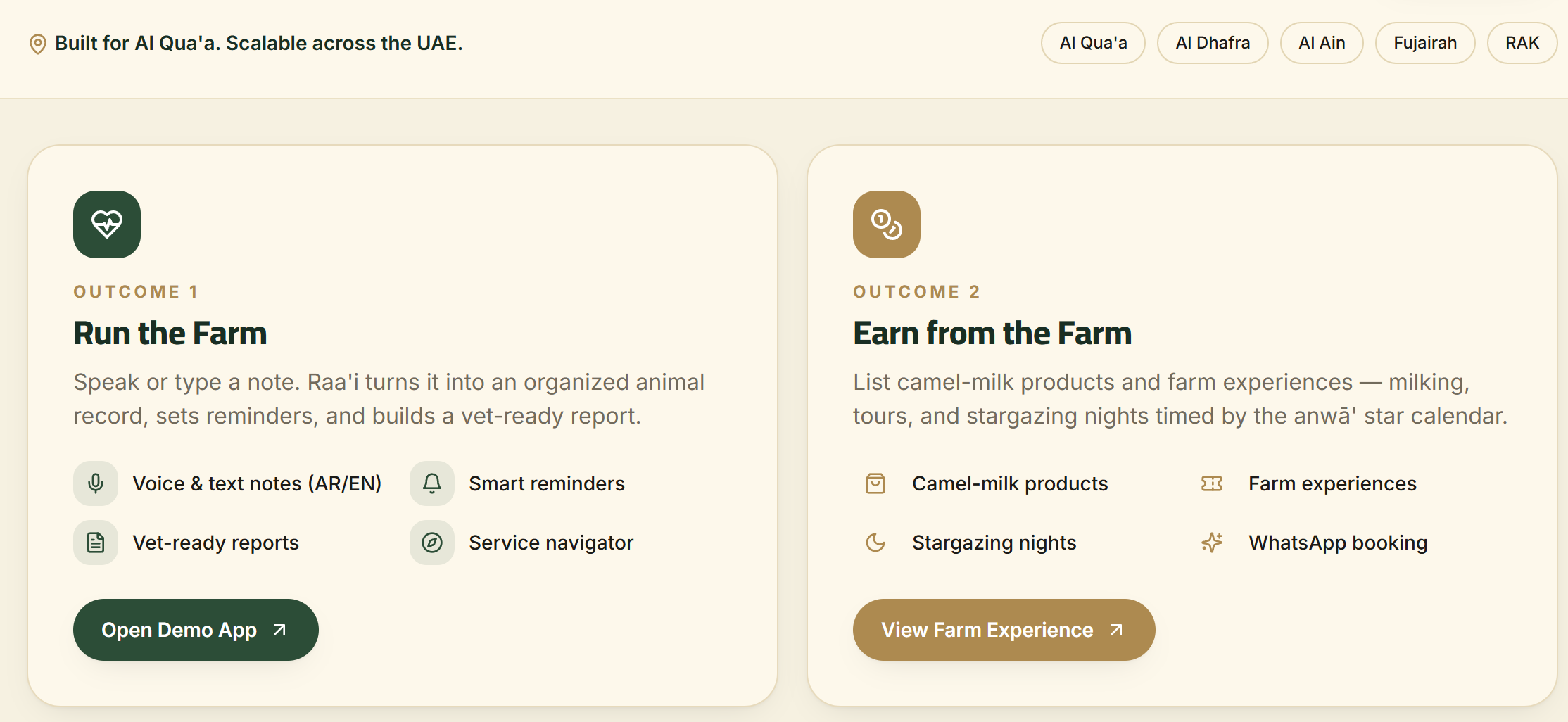 Run the Farm and Earn from the Farm: voice notes, smart reminders, vet-ready reports, and a service navigator alongside product sales and anwā'-timed experiences.