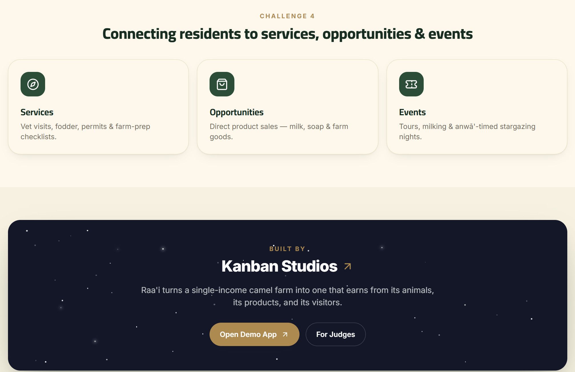 Challenge 4 in one profile: services, opportunities, and events connected for rural camel-farm families - built by Kanban Studios.