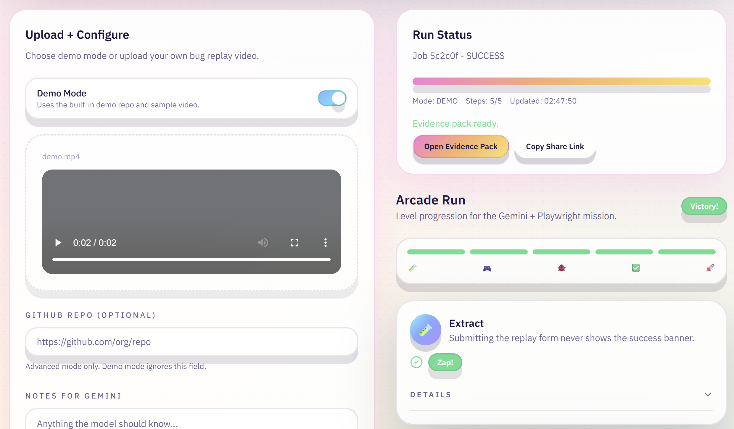 Mission Control: upload or use the built-in demo video, watch Run Status stream through 5/5 stages, and open the Evidence Pack the moment the run succeeds.