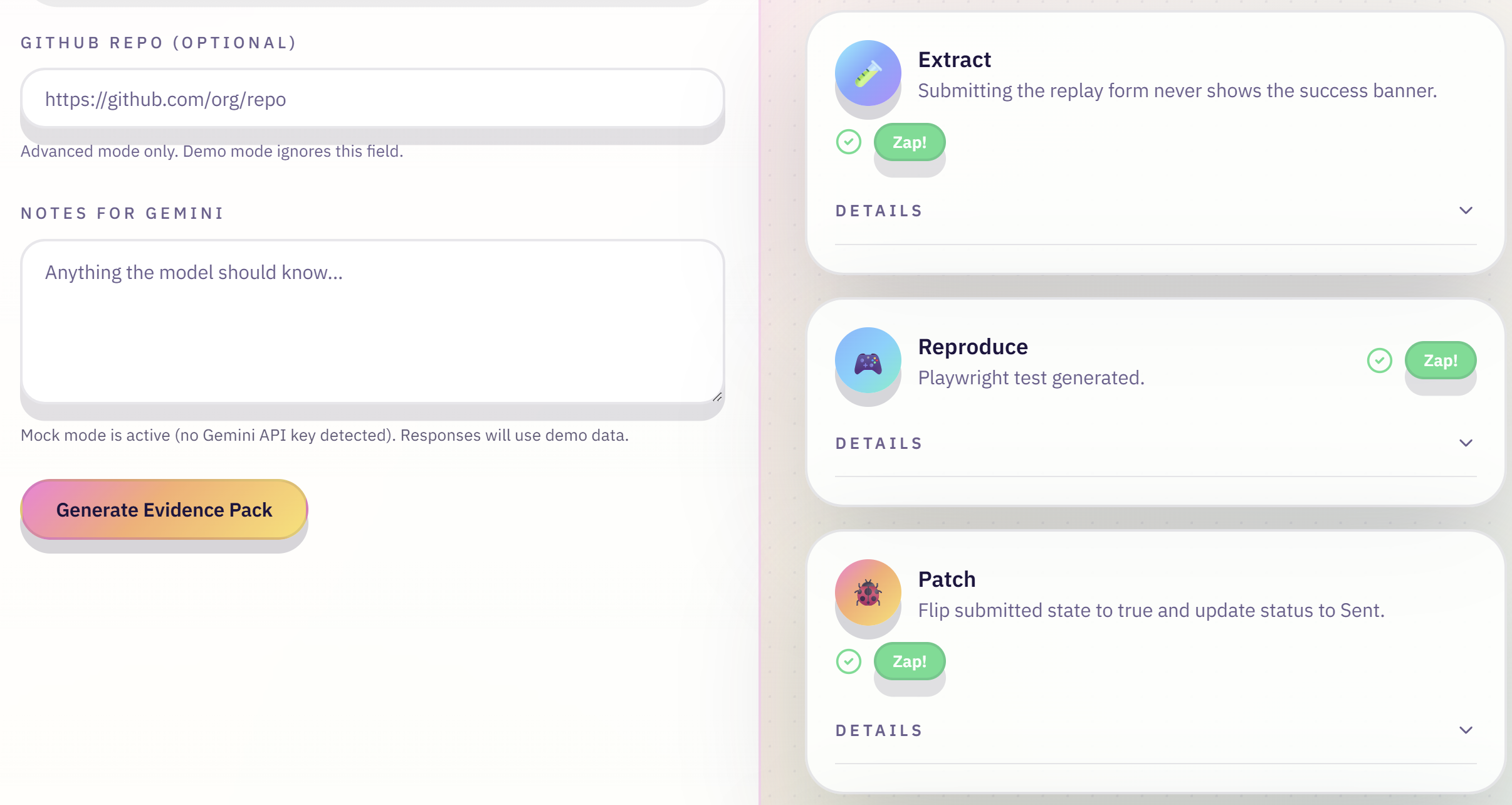Stage cards: Extract identifies the failure, Reproduce generates the Playwright test, and Patch flips the broken state and updates status - each verified before the run advances.