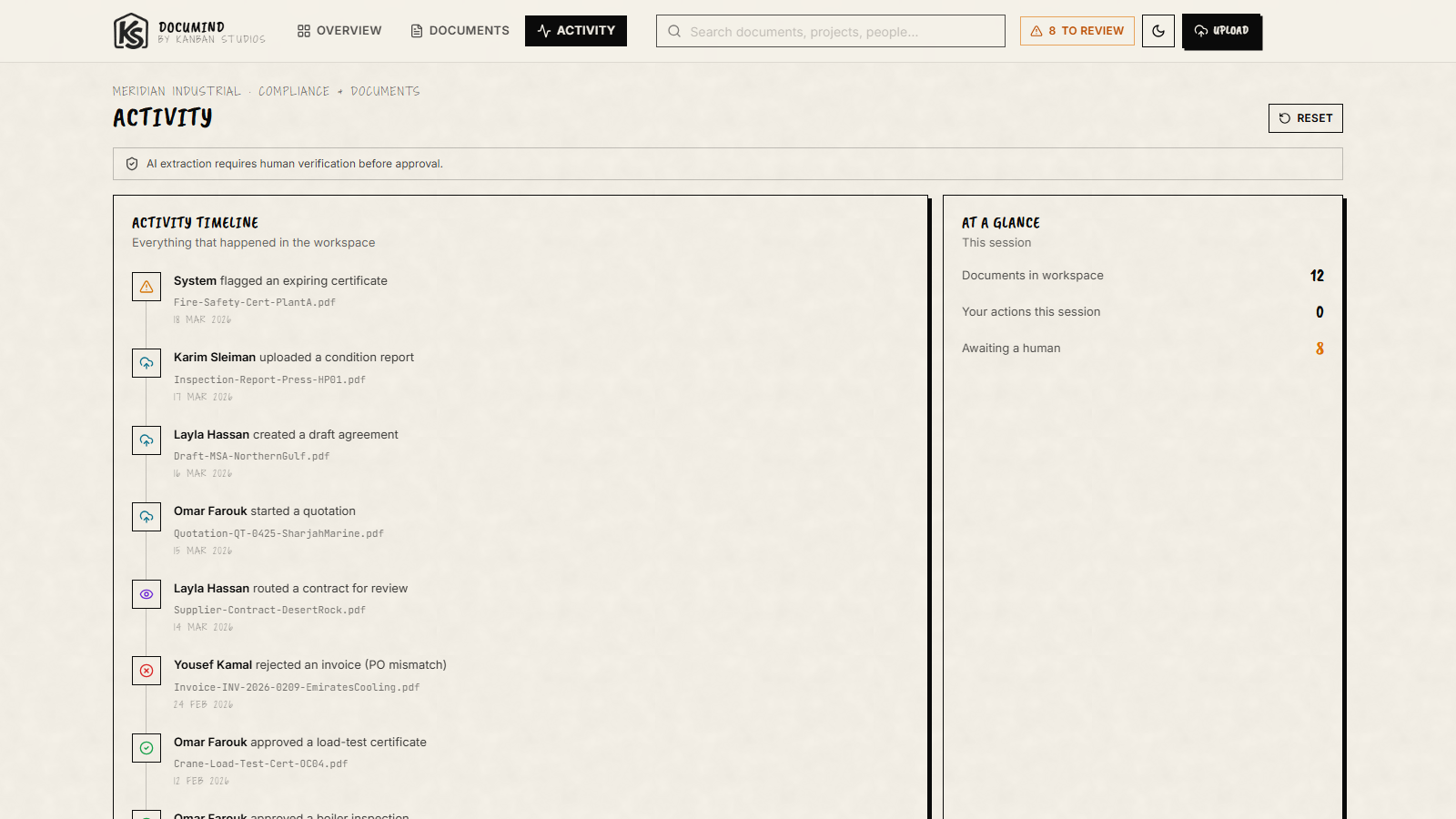 The activity feed - a full audit timeline of uploads, extractions, and approvals across the workspace.