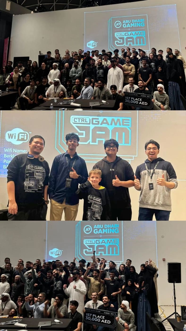 Three frames from the Abu Dhabi Gaming CTRL Game Jam: two hall-wide group photographs with a first place, 30,000 AED prize board, and the team on stage between them.