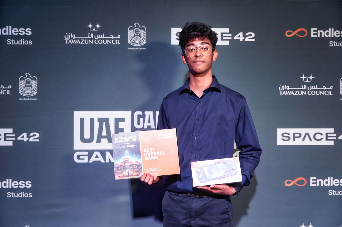 A UAE Game Makers Competition certificate reading 'Game Jam 2024 - Best Overall Game', held in front of a backdrop of Tawazun Council, SPACE42 and Endless Studios logos.